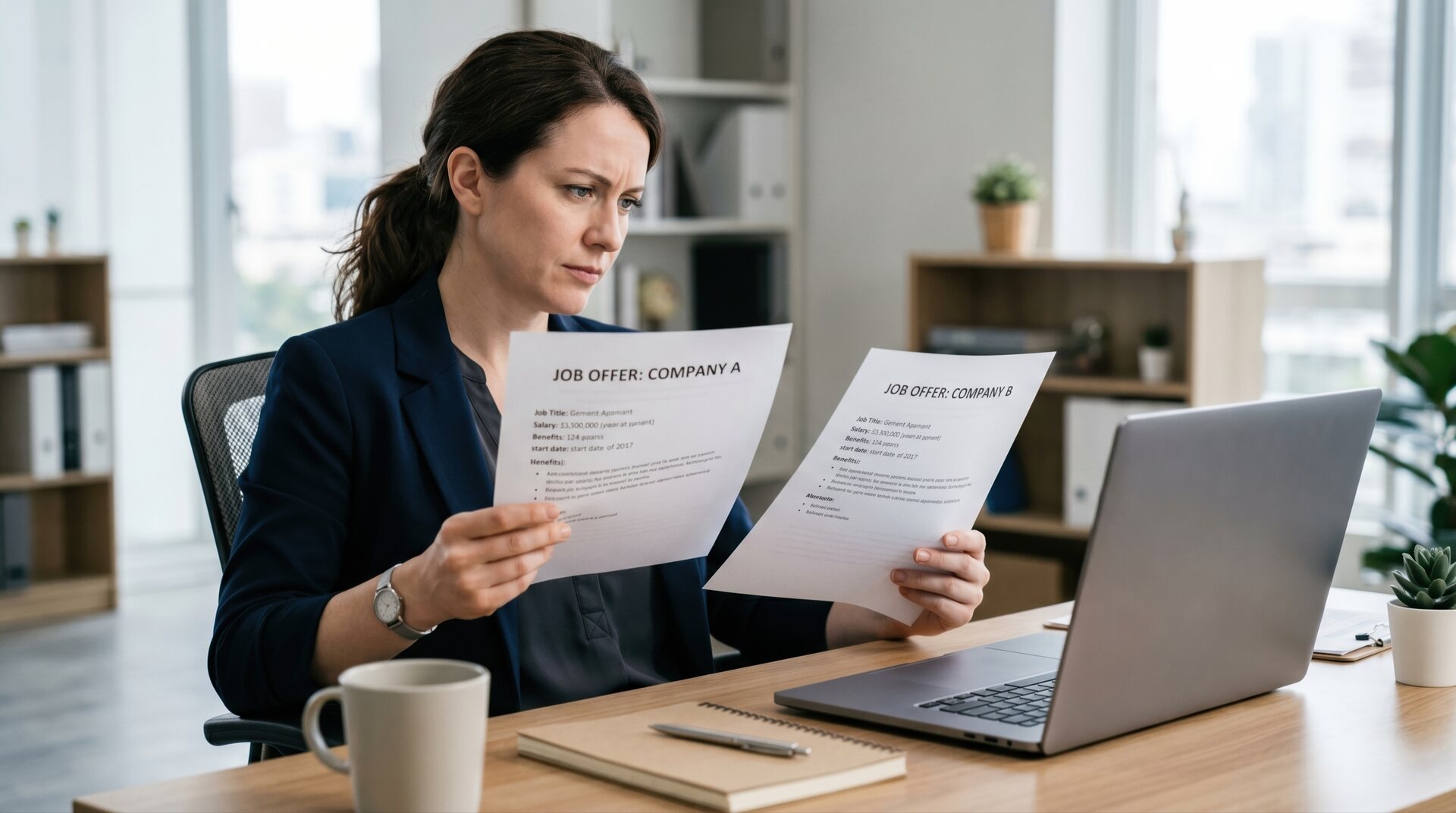 Osoba porównująca oferty przewoźników w dokumentach i na ekranie laptopa